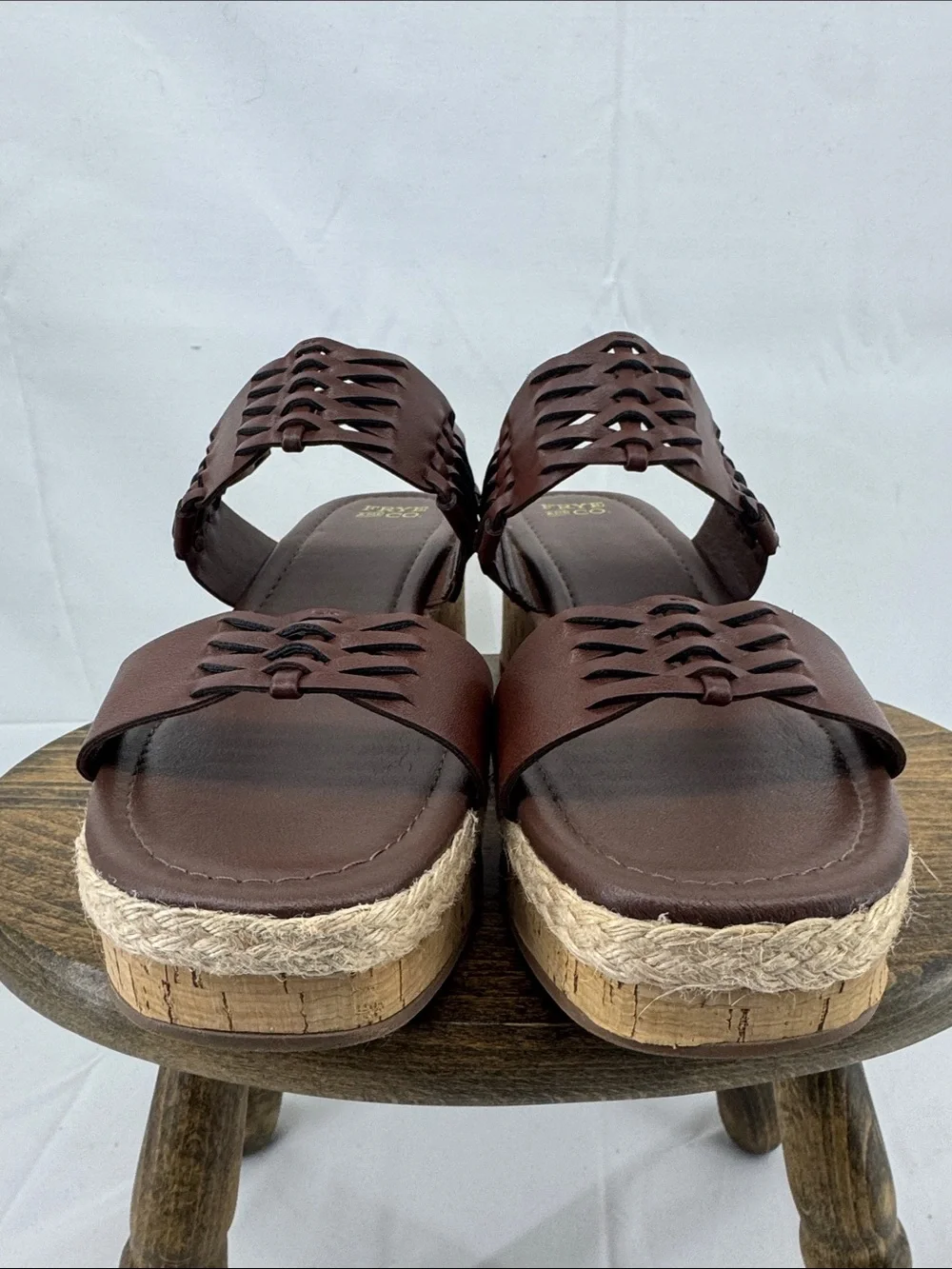 Like New! Frye & Co Womens Lavish Woven Brown Leather Wedge Cork Sandals, sz 8
